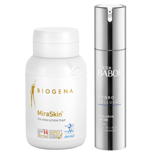 Das Beauty-Gesamtkonzept: Mikronährstoffpräparat Biogena MiraSkin® Gold mit Hyaluronsäure-Collagen-Komplex und HYDRO CELLULAR Hyaluron Cream mit 3-fach-Hyaluronsäure perfekt aufeinander abgestimmt HYDRO: BEAUTY IN- & OUTSIDE