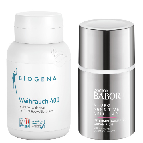 Durchdachtes Produkt-Set: Mikronährstoffprodukt Biogena Weihrauch 400 mit traditionsreichem Pflanzenextrakt mit wohltuendem Effekt und Intensive Calming Cream für extrem trockene, empfindliche Haut. Auch zur unterstützenden Pflege bei Neurodermitis in der symptomfreien Phase. CALMING: BEAUTY IN- & OUTSIDE
