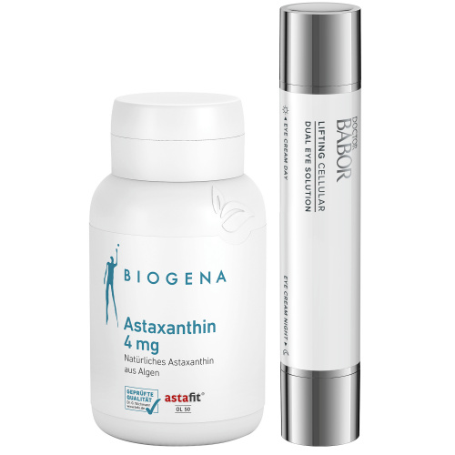 Trend-Carotinoid & Augenpflege-Duo: Perfekt abgestimmtes Set aus Mikronährstoffen Biogena Astaxanthin 4mg und Anti-Aging Augenpflege-Duo Dual Eye Solution für Tag und Nacht. EYES: BEAUTY IN- & OUTSIDE