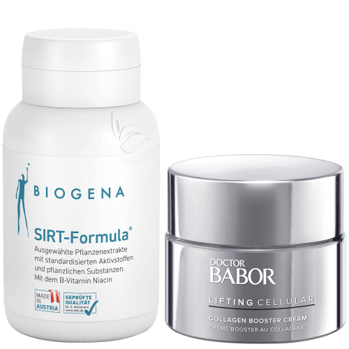 Neuartiges Produkt-Set: Mikronährstoffpräparat Biogena SIRT-Formula® mit Niacin und der LIFTING CELLULAR Collagen Booster Cream zur Glättung von Falten und nachlassender Gewebefestigkeit. LIFTING: BEAUTY IN- & OUTSIDE